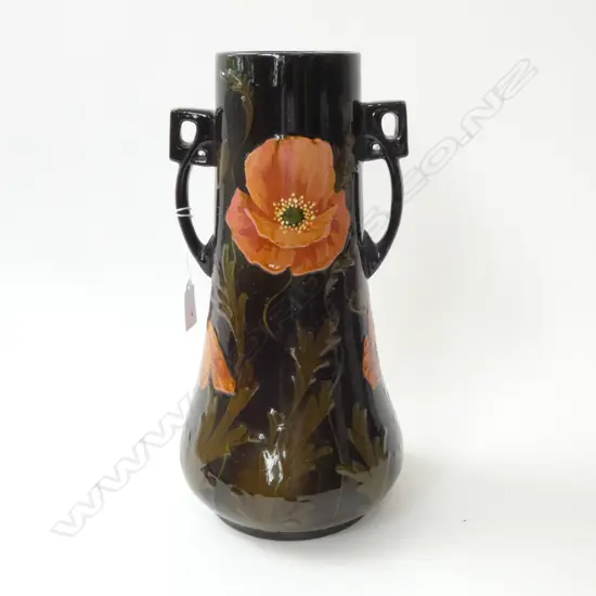 LARGE TWO HANDLED VASE IN THE MANNER OF DEANS ' 3025 VERSO SLIP DECORATED WITH POPPIES, H.320mm