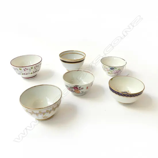 6 ANTIQUE TEA BOWLS, FAULTS 90mm dia