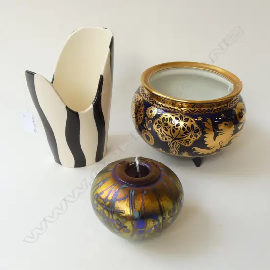 3 PCS; ART GLASS VASE signed/dated on base H.80mm, VINTAGE STRIPED DUTCH GOUDA VASE H.180mm & BYZANTA WARE BOWL Dia.160m