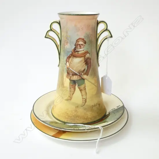 THREE ITEMS ROYAL DOULTON SERIESWARE, FLAGSTAFF VASE H.175mm COACHING DAYS PLATE  D.175mm & GOLFING PLATE D.163mm