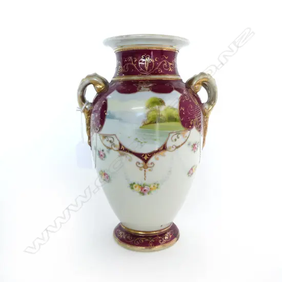 ANTIQUE NORITAKE HAND PAINTED 2 HANDLED VASE H250MM