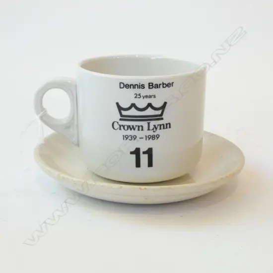 CROWN LYNN STAFF CUP & SAUCER DENNIS BARBER 25 YEARS 1939-1989