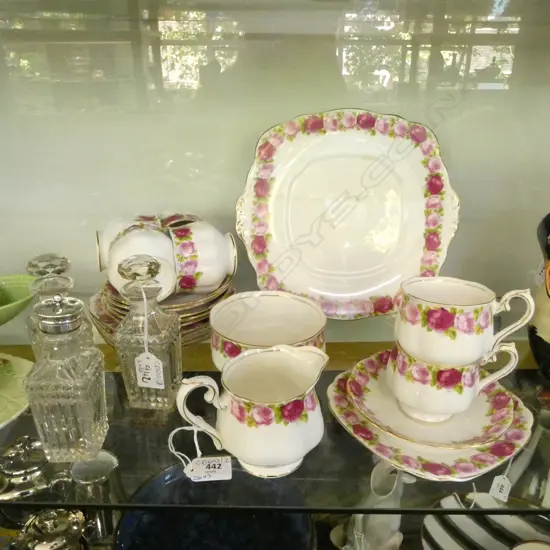 20 PCE ROYAL ALBERT TEA SET; 6 TRIOS, JUG & BOWL + 3 CRYSTAL BOTTLES; 1 STOPPER AF H.145mm