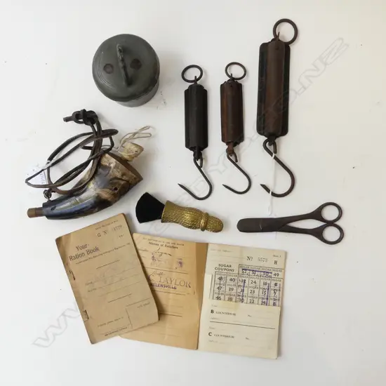 2 AUCKLAND RATION BOOKS, 3 SCALES, etc