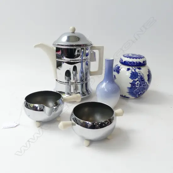 COPENHAGEN VASE, VINTAGE TEAPOT MILK & SUGAR & B/W GINGER JAR