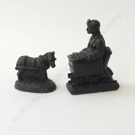 WELSH COAL MINER & HORSE FIGURINES MADE FROM COAL, L.85MM-95MM 
