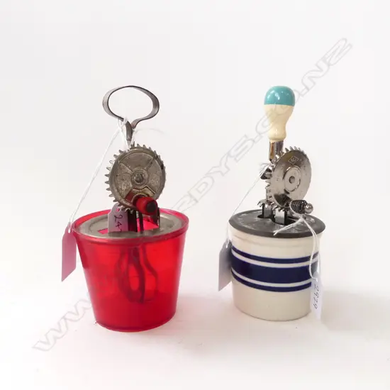 2 VINTAGE TOY ROTARY BEATERS ON MEASURES; H.160mm