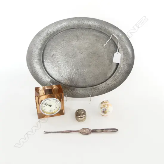 PEWTER TRAY + PEACH GLASS CUBE CLOCK + LOBSTER FORK + DOULTON MINI VASE + EGYPTIAN BOX