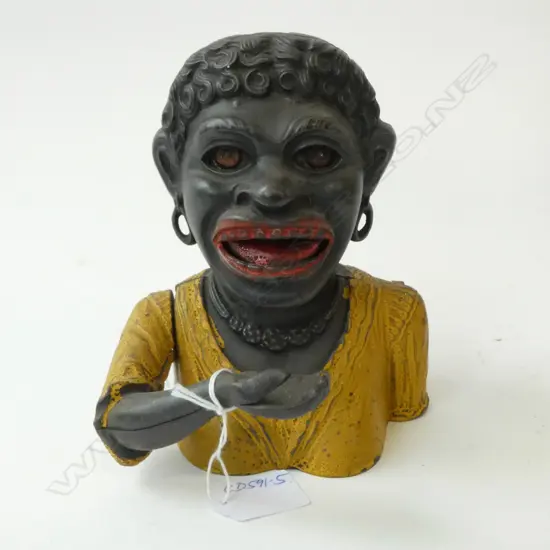 1st PATENT YELLOW DINAH MONEY BANK / BOX  short sleave early version noted by original rivet to wrist c.1911 top example