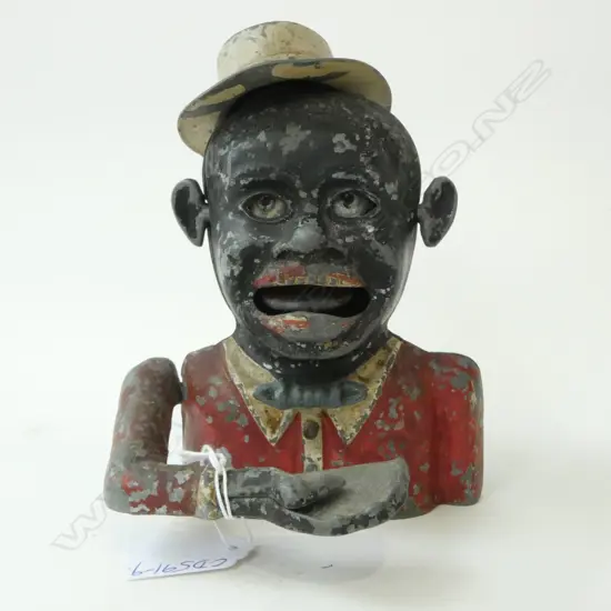 EARLY 20thC MONEY BANK Aluminium Patent 601362 red jacket cream boater hat