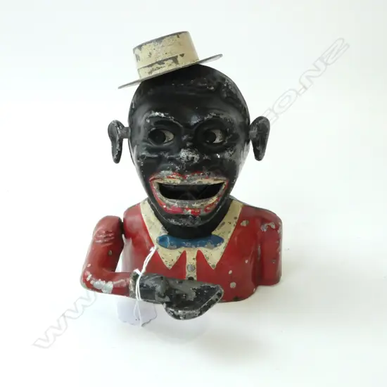 EARLY 20thC MONEY BANK Starkie's Patent. Red jacket & cream boater hat
