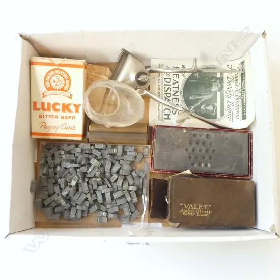 TRAY OF SHAVING ITEMS, LEAD PRINT TYPE, NZB PLAYING CARDS