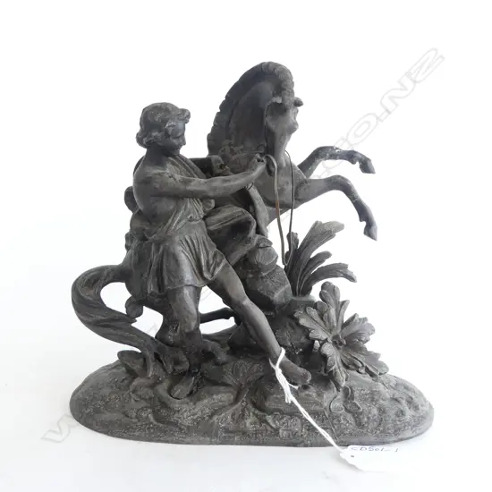 VICTORIAN SPELTER FIG. GROUP, MAN w REARING HORSE, H.200mm (AK43)