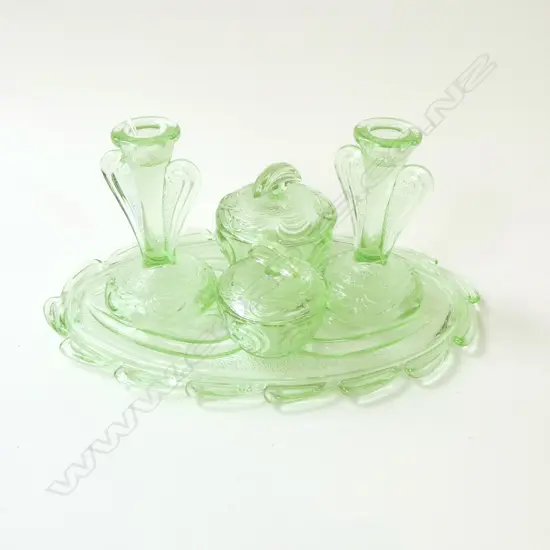 1930’S ART DECO 5PC GREEN GLASS DRESSING TABLE SET BY BAGLEY RUTLAND, EXCELLENT CONDITION, L.325MM