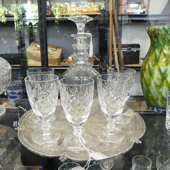 ANTIQUE EP SERVERS TRAY DIA320MM  DECANTER H260MM & 5 CRYSTAL GLASSES H140MM