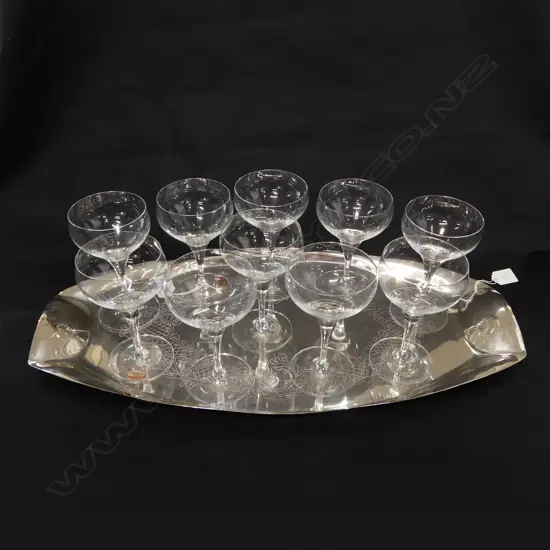 RETRO EP DRINKS TRAY L580MM & SET OF 10 BOHEMIAN GLASS CHAMPAGNE FLUTES H160MM