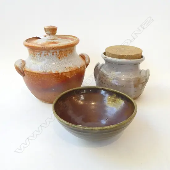 TWO ANDREW VAN DER PUTTEN STONEWARE JARS (1 w. hairline crack) & FRANK FINAN STONEWARE BOWL (hairline crack)..