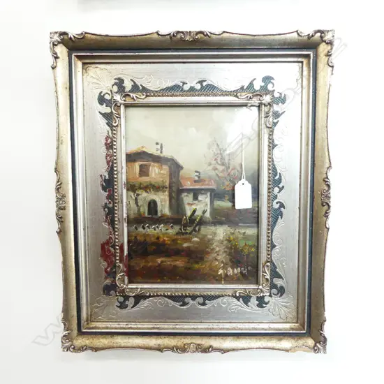 VINTAGE SILVERED FRAMED OIL ITALIAN COUNTRY SCENE SIGNED GAHNIO ON COPPER H400 W330MM