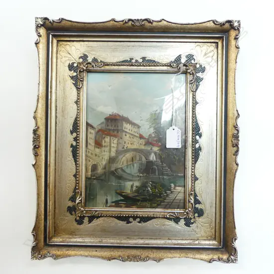 VINTAGE SILVERED FRAMED OIL VENICE SIGNED SANTA ON COPPER H400 W330MM