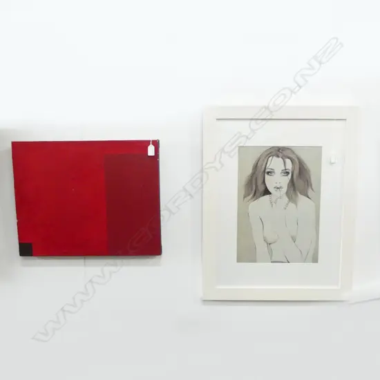 2 ARTWORKS; ABSTRACT RED SIGNED 'FOGGO 02' VERSO 405x505mm, PORTRAIT PRINT 415x290mm