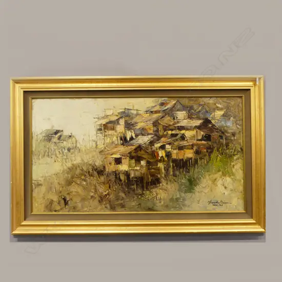 SIGNED THAI VILLAGE ARTWORK, OIL ON CANVAS MANILA 1965 595x1105mm