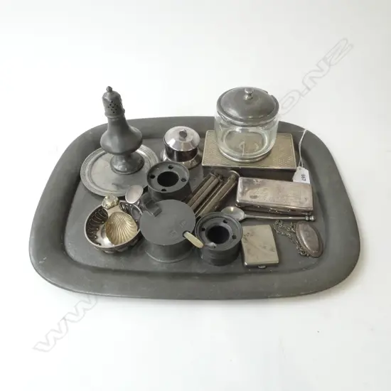 PEWTER TRAY 320x425mm + ASST. ITEMS (includes a French silver quaich)