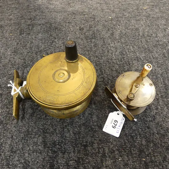 ANTIQUE BRASS MALLOCKS PAT FISHING REEL DIA 100 & ANOTHER DIA60MM