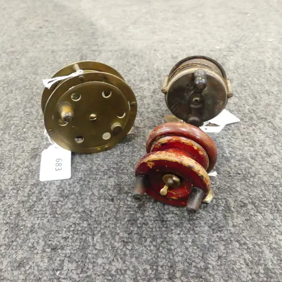 3 ANTIQUE FRESH WATER FISHING REELS BRASS DIA 80MM WOOD DIA50  STEEL  DIA60MM