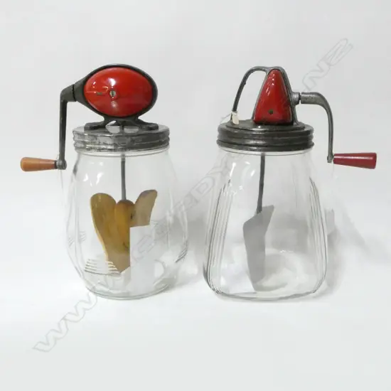 (2498/2954) 2 VINTAGE METAL & GLASS BUTTER CHURNS 