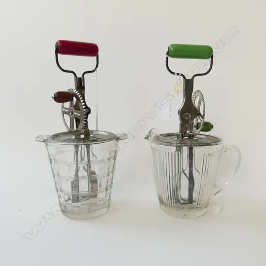 (2769/3257/2793) TWO VINTAGE A&J HAND HELD ROTARY BEATERS WITH GLASS JUGS .310mm