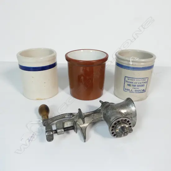 3027/2407/3511/3593 3 CROCK JARS H130MM & CAST METAL BENCH MINCER L200MM