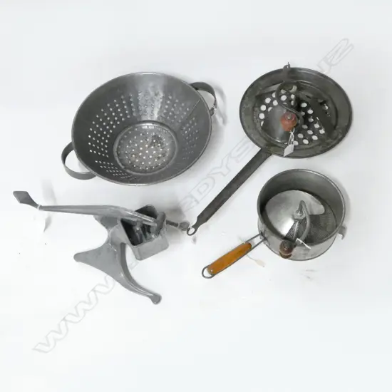 (1150/1858/1379/1238) VINTAGE ICE CRUSHER, LG FOOD GRATER, FOLEY FOOD MILL, COLANDER (4)