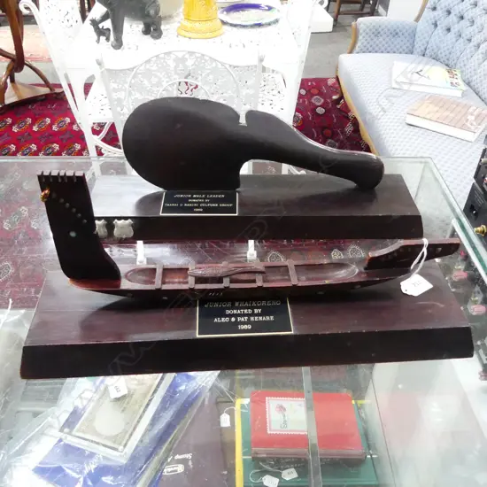 2 MAORI TROPHIES 'JUNIOR MALE LEADER' PATU L.470mm & 'JUNIOR WHAIKORERO' WAKA