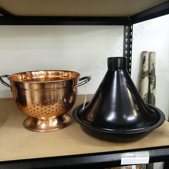 BLACK CERAMIC TAGINE 300mm dia + COPPER LOOK COLANDER 250mm dia