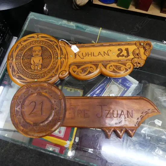 2 CARVED MAORI 21st KEYS L635mm