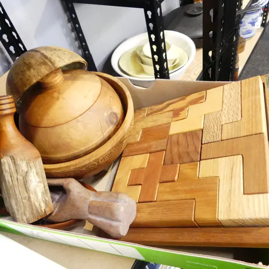 ASST. WOOD WORK; HOLLAND & HOLLAND PUZZLE, TURNED BOWL, etc