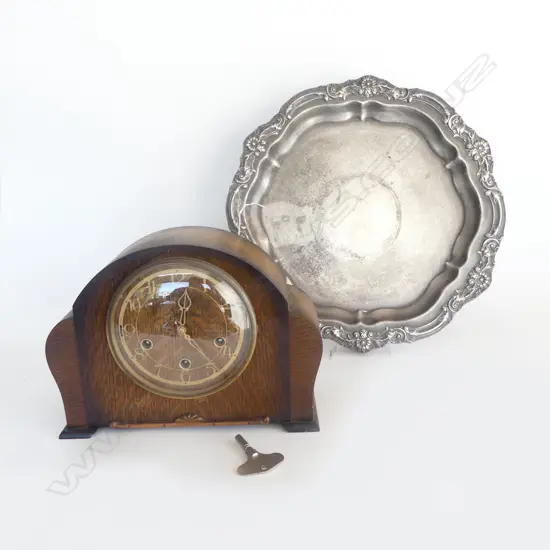 SILVER PLATE TRAY AND 1950's MANTEL CLOCK 