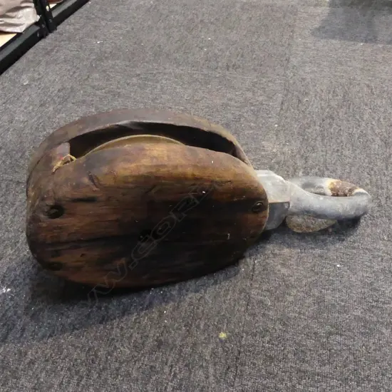 LARGE ANTIQUE WOOD IRON & BRASS SAILING SHIPS PULLEY L540MM