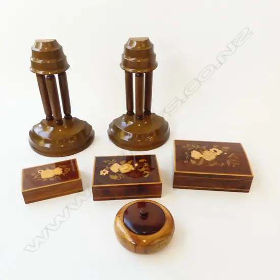 ASST. WOODWARE; 3 INLAID BOXES, 2 SCONCES & TURNED WOOD JAR