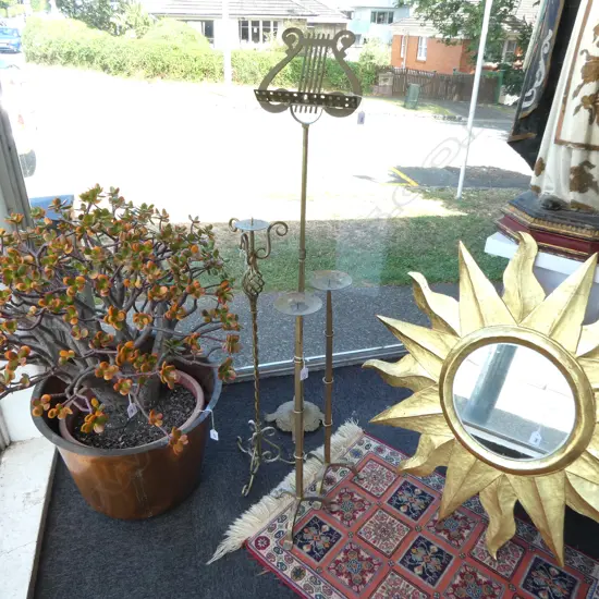 2 BRASS CANDLE HOLDERS (LARGEST H.860mm) & BRASS MUSIC STAND H.1310mm with one other