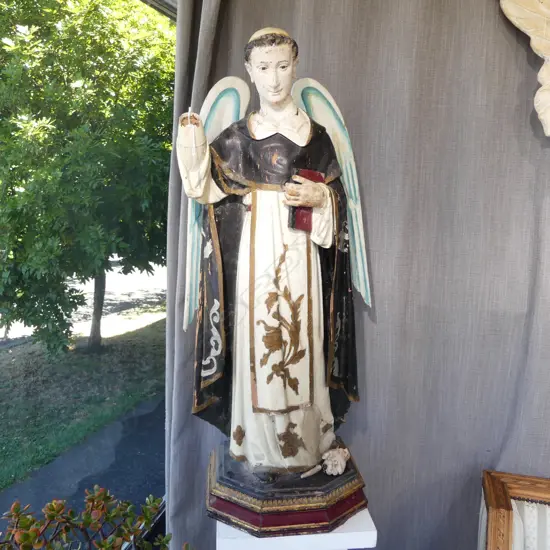DISTRESSED VINTAGE PAINTED WOODEN RELIGIOUS STATUE DEPICTING SAINT VINCENT FERRER H.1080mm