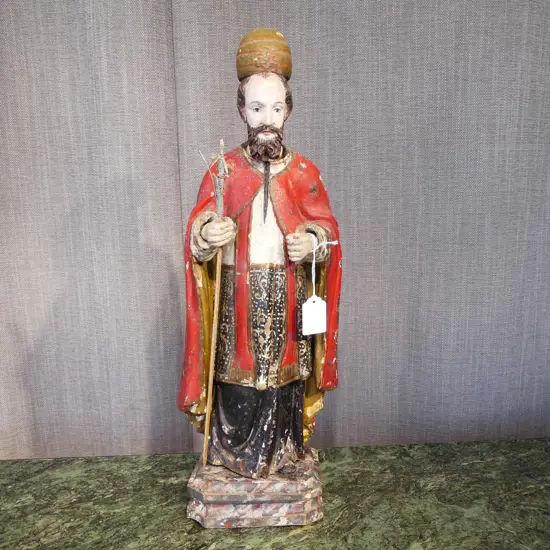 DISTRESSED VINTAGE PAINTED WOODEN RELIGIOUS STATUE DEPICTING EASTERN ORTHODOX FIGURE H.480mm