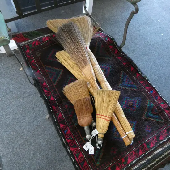 COLLECTION OF 3 WHISK BROOMS & 3 BRUSHES 880MM LONGEST
