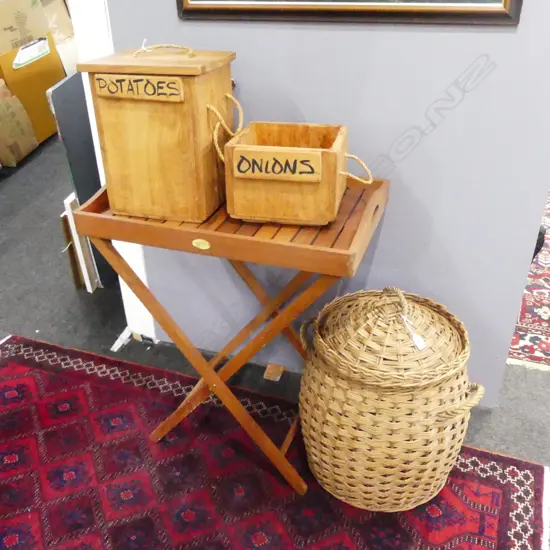 WOODEN FOLDING TRAY TABLE W.675mm + POTATOES & ONION CONTAINERS + LIDDED CANE BASKET H.600mm