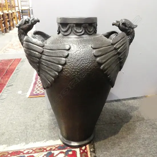 BLACK PAINTED TERRACOTTA PHEONIX HANDLED VASE H.600mm repair to handle