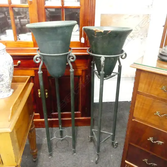 NEAR PR GREEN TERRACOTTA VASES (1 AF) ON METAL STANDS H.1205mm