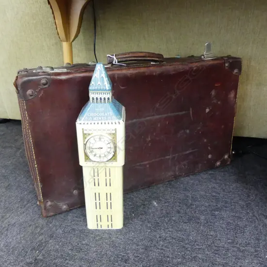 N.Z. BULLOCK HIDE SUIT CASE W.660mm & WALKERS CLOCK TOWER TIN