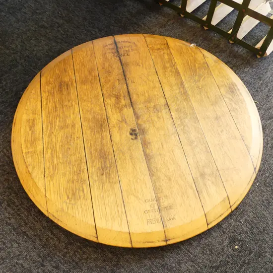 LARGE FRENCH OAK BARREL PLATTER ‘FRANCIOS FRERES’ ON LAZY SUSAN, D.590MM