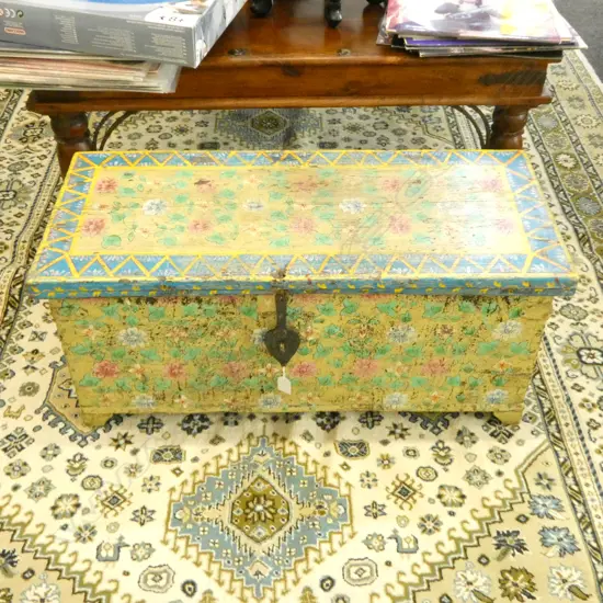 ANTIQUE HAND PAINTED WOODEN TRUNK 790x340x350mm