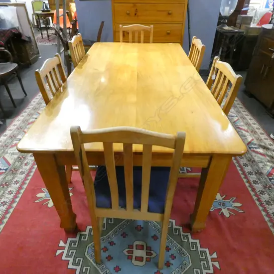 RIMU TABLE & 6 DINING CHAIRS (UPHOLSTERY MARKED)  2150x1060x760mm